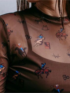 Sheer Equestrian Print Long-Sleeve Top in Brown